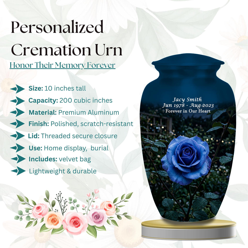 blue rose garden cremation urn for human ashes, handmade aluminum memorial urn – photo 2