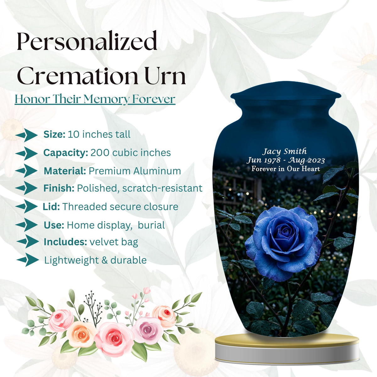 blue rose garden cremation urn for human ashes, handmade aluminum memorial urn – photo 2