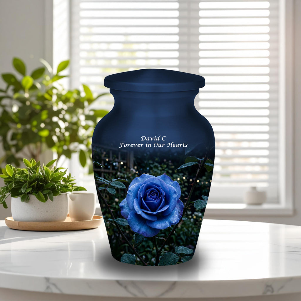 blue rose garden cremation urn for human ashes, handmade aluminum memorial urn – photo 9