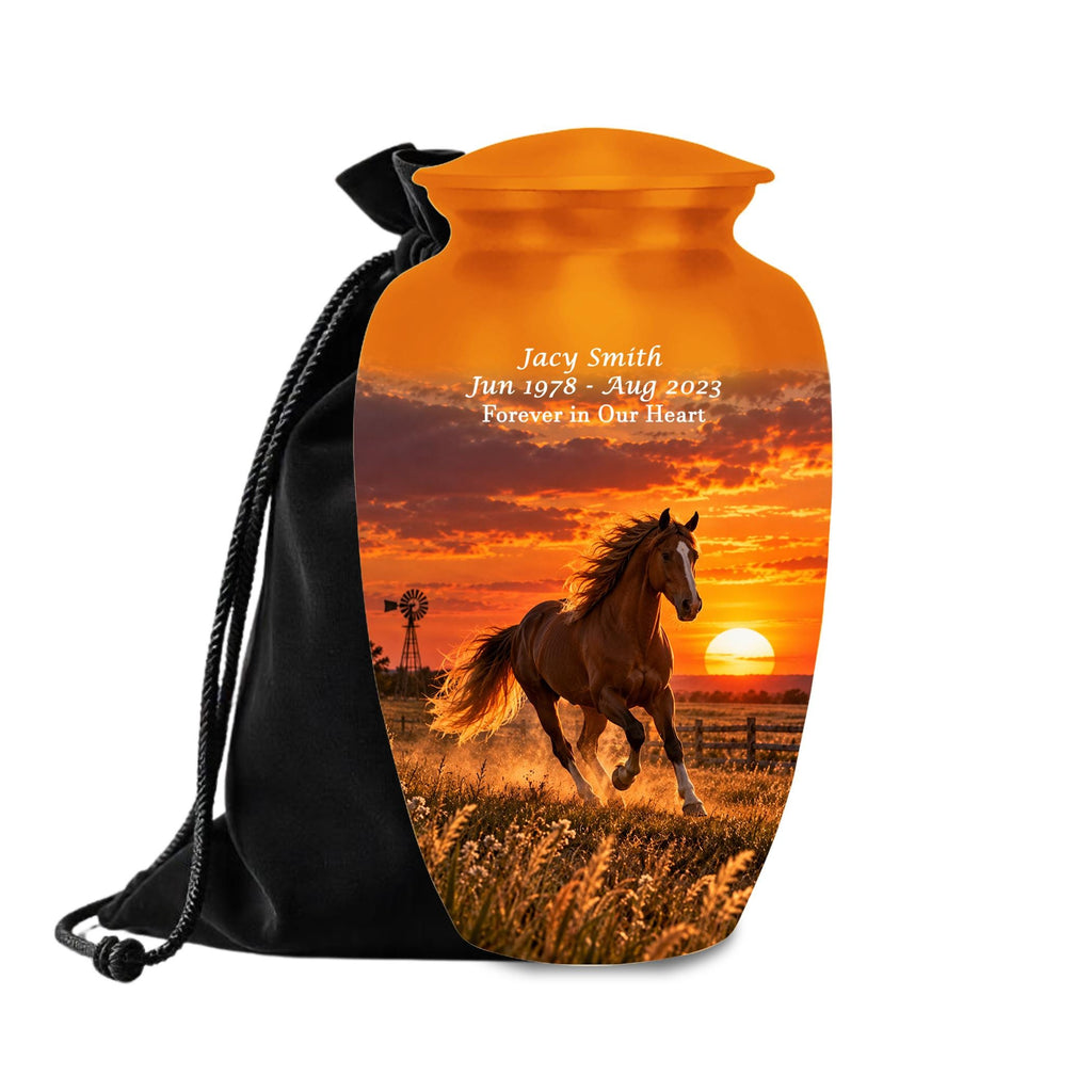 galloping horse western sunset cremation urn for human ashes, handmade aluminum memorial urn – photo 4