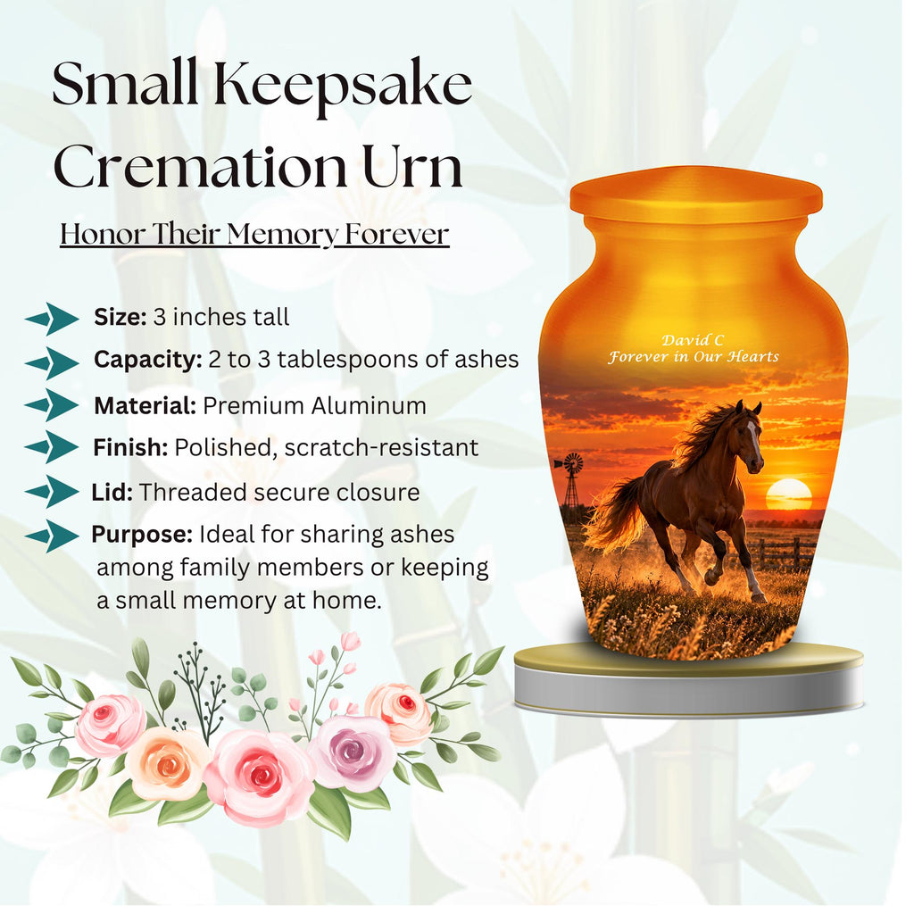 galloping horse western sunset cremation urn for human ashes, handmade aluminum memorial urn – photo 3