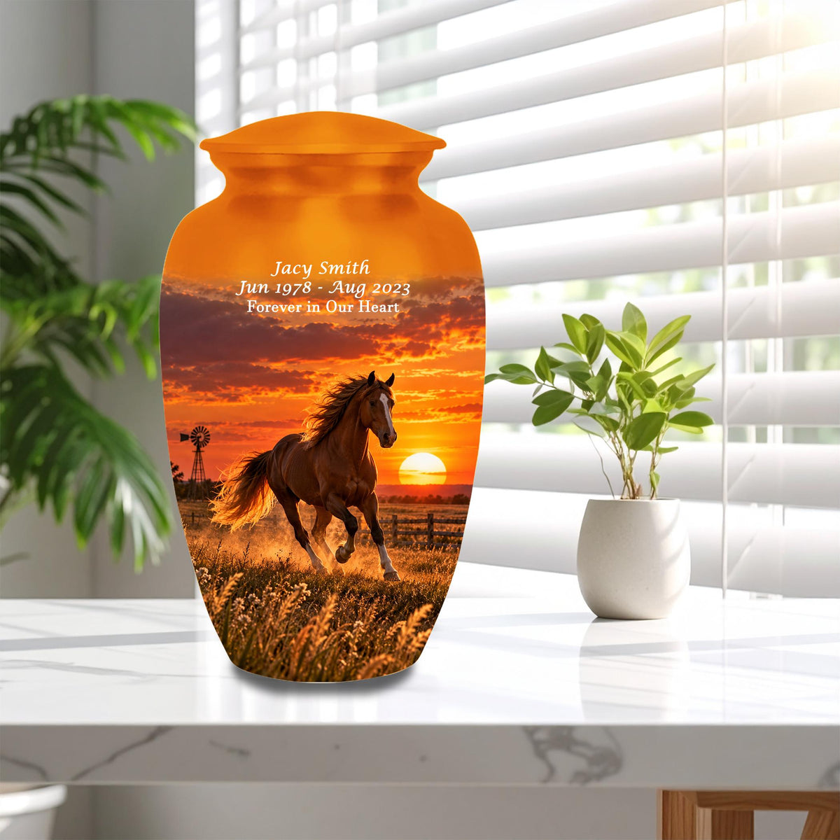 galloping horse western sunset cremation urn for human ashes, handmade aluminum memorial urn – photo 5