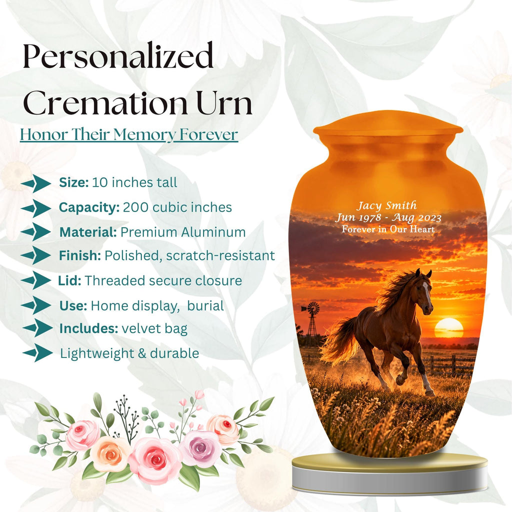 galloping horse western sunset cremation urn for human ashes, handmade aluminum memorial urn – photo 2