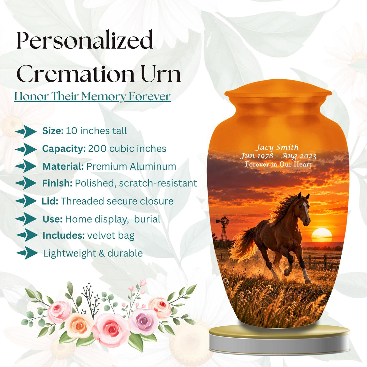 galloping horse western sunset cremation urn for human ashes, handmade aluminum memorial urn – photo 2