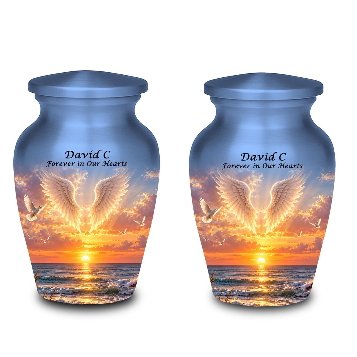 angel wings golden shore cremation urn for human ashes, handmade aluminum memorial urn – photo 7