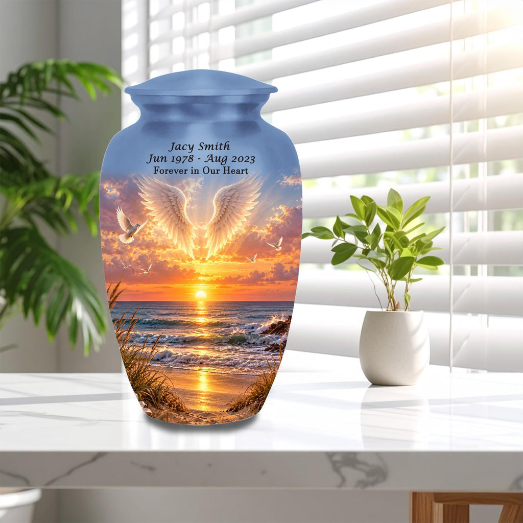 angel wings golden shore cremation urn for human ashes, handmade aluminum memorial urn – photo 4