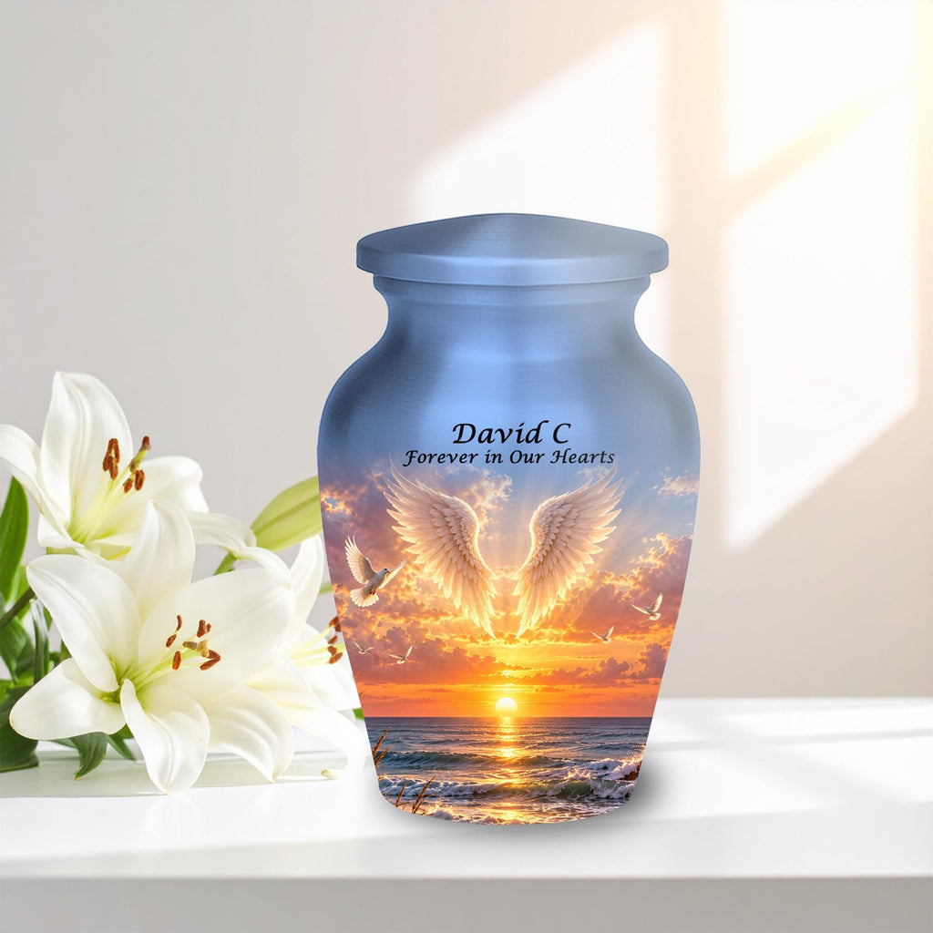 angel wings golden shore cremation urn for human ashes, handmade aluminum memorial urn – photo 10