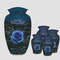 blue rose garden cremation urn for human ashes, handmade aluminum memorial urn – photo 1