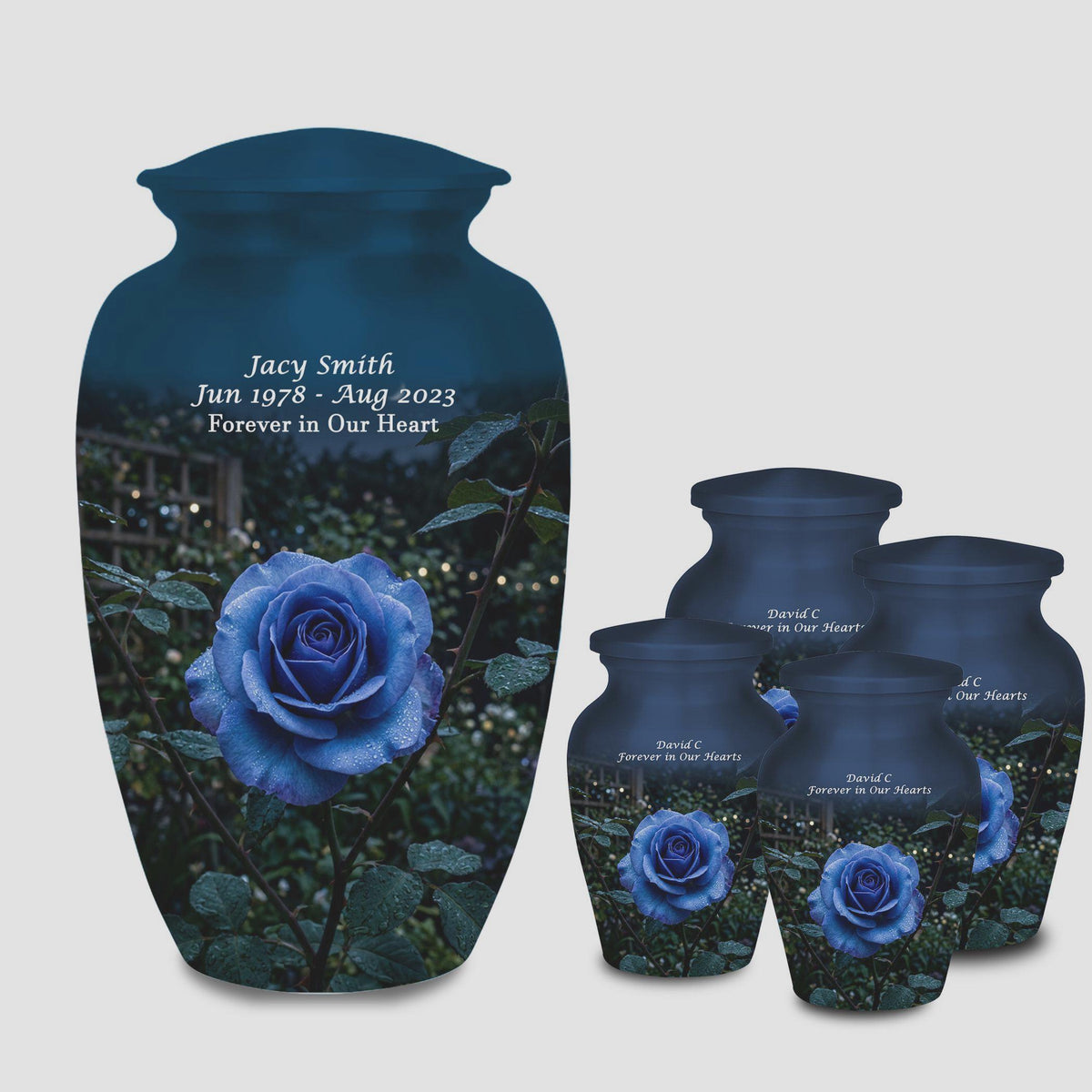 blue rose garden cremation urn for human ashes, handmade aluminum memorial urn – photo 1