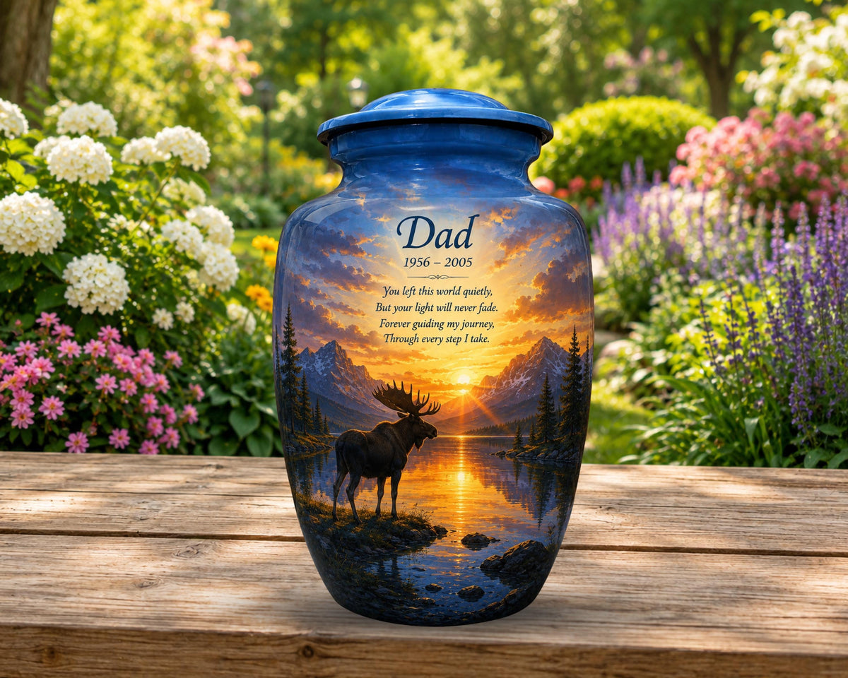 moose mountain lake cremation urn for human ashes, handmade aluminum memorial urn – photo 1