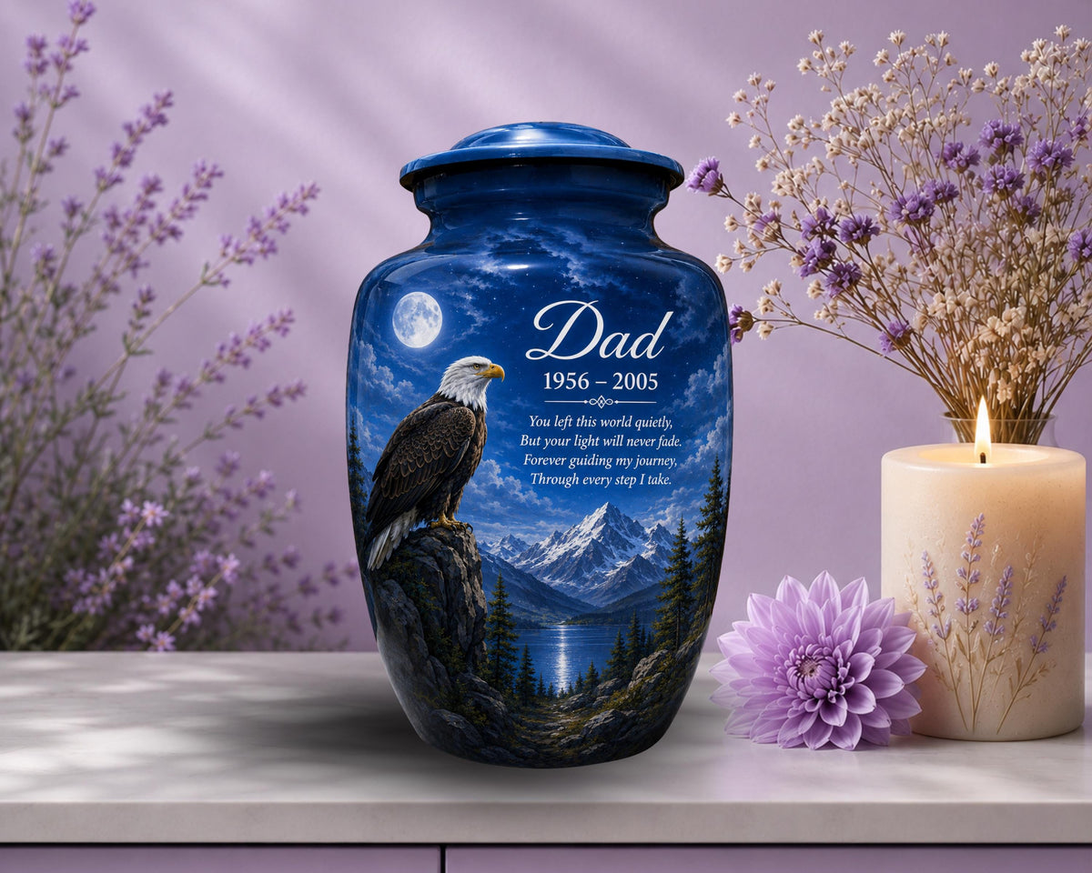 bald eagle moonrise cremation urn for human ashes, handmade aluminum memorial urn – photo 1