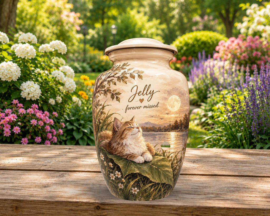 sleeping cat sunset cremation urn for pet ashes, handmade aluminum memorial urn – photo 1