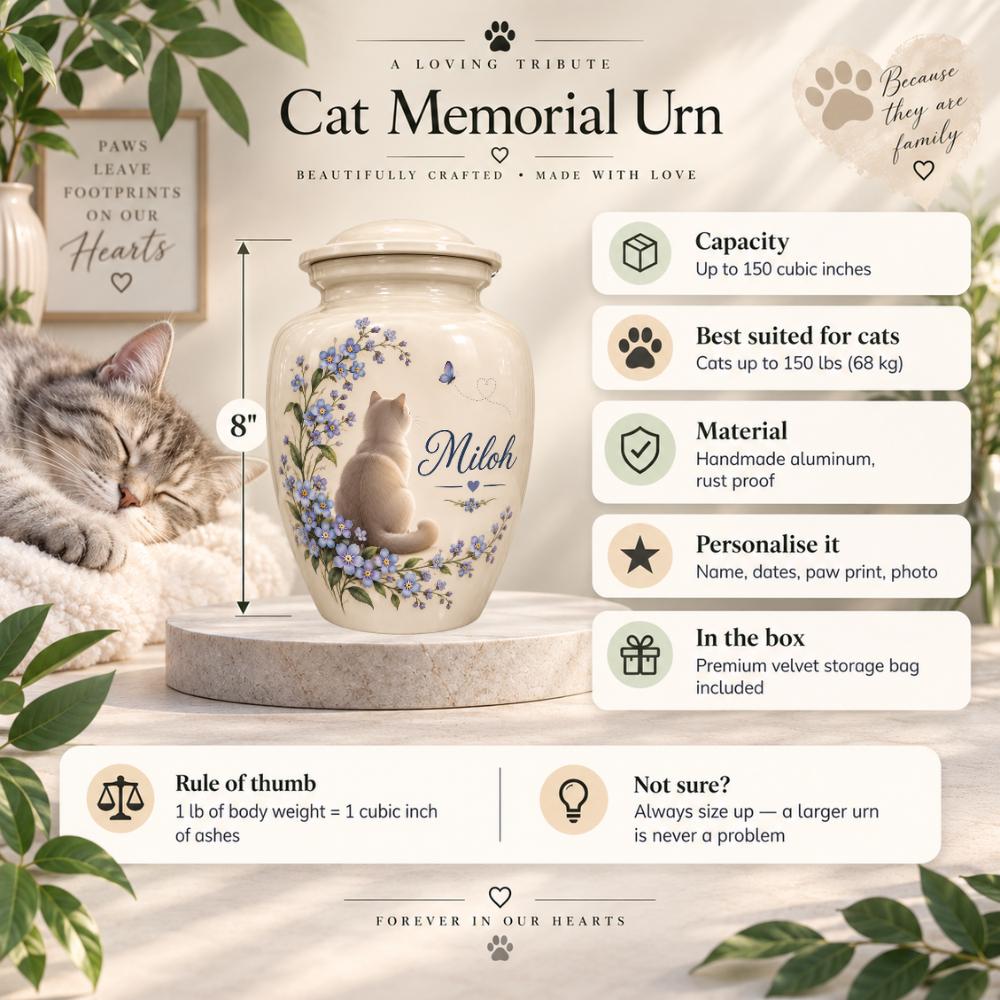 cat forget me not cremation urn for pet ashes, handmade aluminum memorial urn – photo 2
