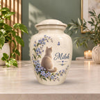 cat forget me not cremation urn for pet ashes, handmade aluminum memorial urn – photo 4