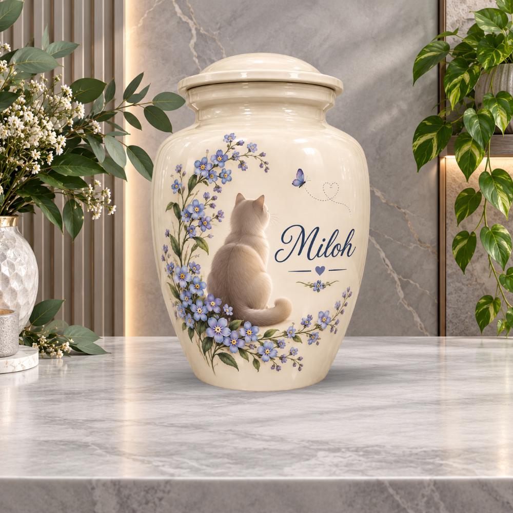 cat forget me not cremation urn for pet ashes, handmade aluminum memorial urn – photo 5