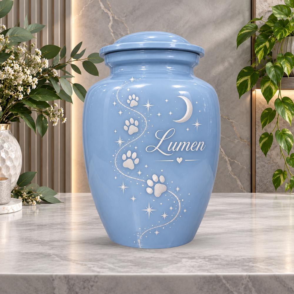 blue paw print star cremation urn for pet ashes, handmade aluminum memorial urn – photo 5