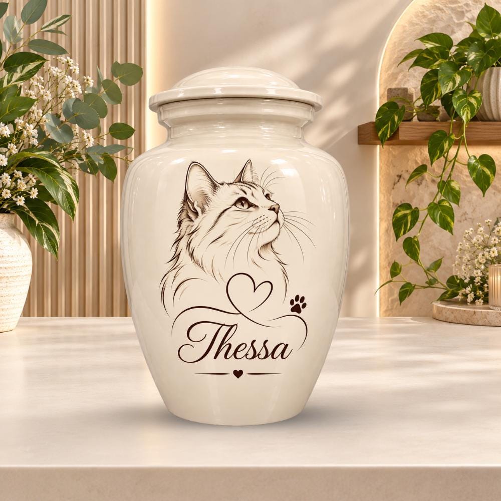 line art cat portrait cremation urn for pet ashes, handmade aluminum memorial urn – photo 4