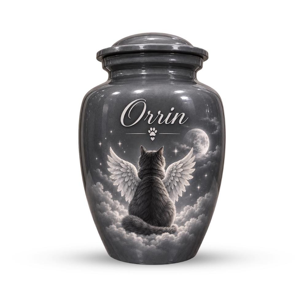 angel wings cat moon cremation urn for pet ashes, handmade aluminum memorial urn – photo 3