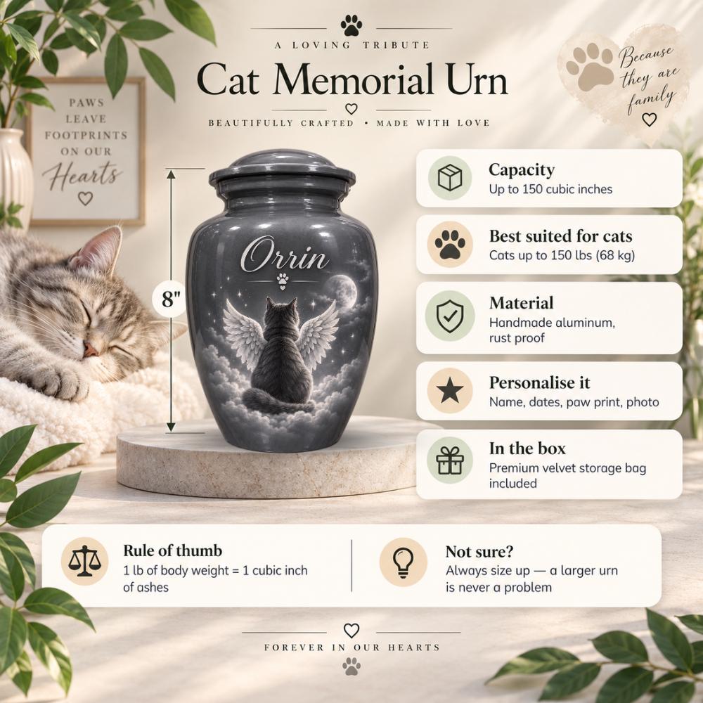 angel wings cat moon cremation urn for pet ashes, handmade aluminum memorial urn – photo 2