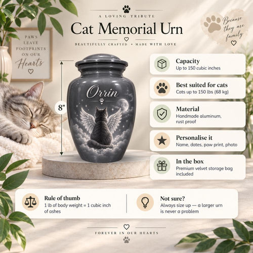 angel wings cat moon cremation urn for pet ashes, handmade aluminum memorial urn – photo 2