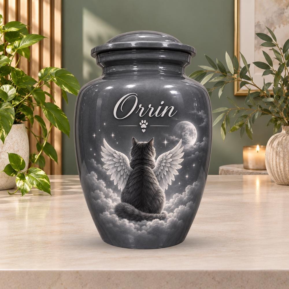 angel wings cat moon cremation urn for pet ashes, handmade aluminum memorial urn – photo 4
