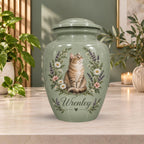 sage green tabby cat cremation urn for pet ashes, handmade aluminum memorial urn – photo 4
