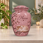 sleeping cat cherry blossom cremation urn for pet ashes, handmade aluminum memorial urn – photo 1