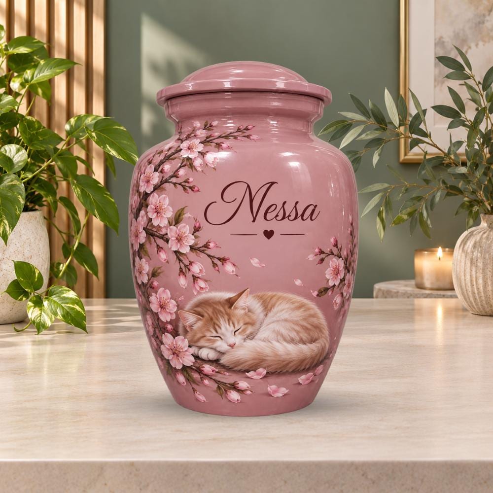 sleeping cat cherry blossom cremation urn for pet ashes, handmade aluminum memorial urn – photo 1