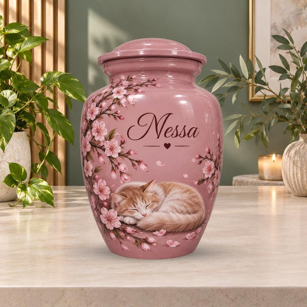 sleeping cat cherry blossom cremation urn for pet ashes, handmade aluminum memorial urn – photo 1