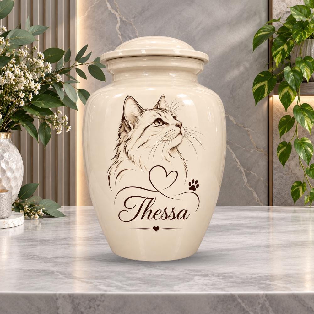 line art cat portrait cremation urn for pet ashes, handmade aluminum memorial urn – photo 1