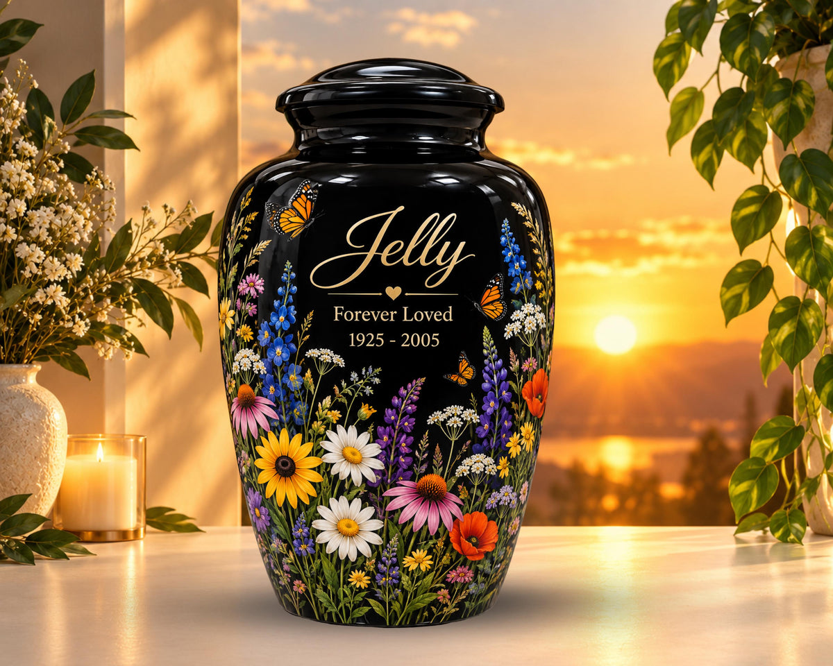 black butterfly wildflower cremation urn for human ashes, handmade aluminum memorial urn – photo 1