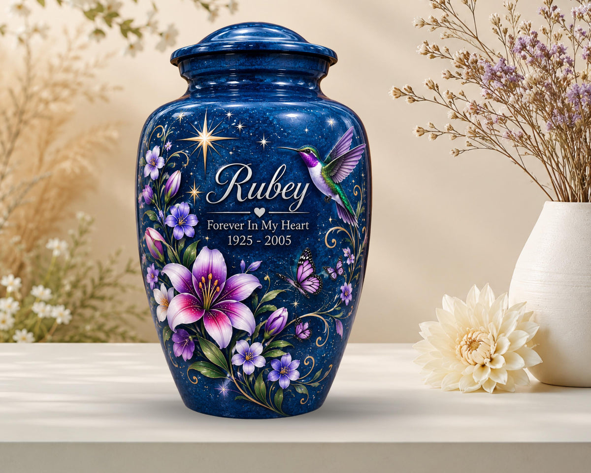 purple lily hummingbird cremation urn for human ashes, handmade aluminum memorial urn – photo 4