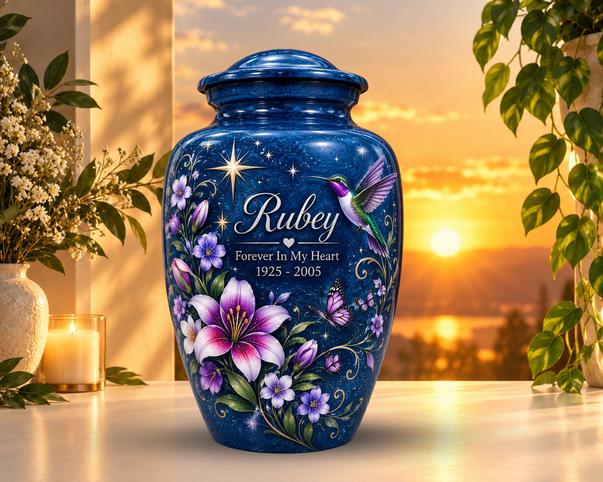 purple lily hummingbird cremation urn for human ashes, handmade aluminum memorial urn – photo 1