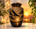 eagle sunset mountain cremation urn for human ashes, handmade aluminum memorial urn – photo 1