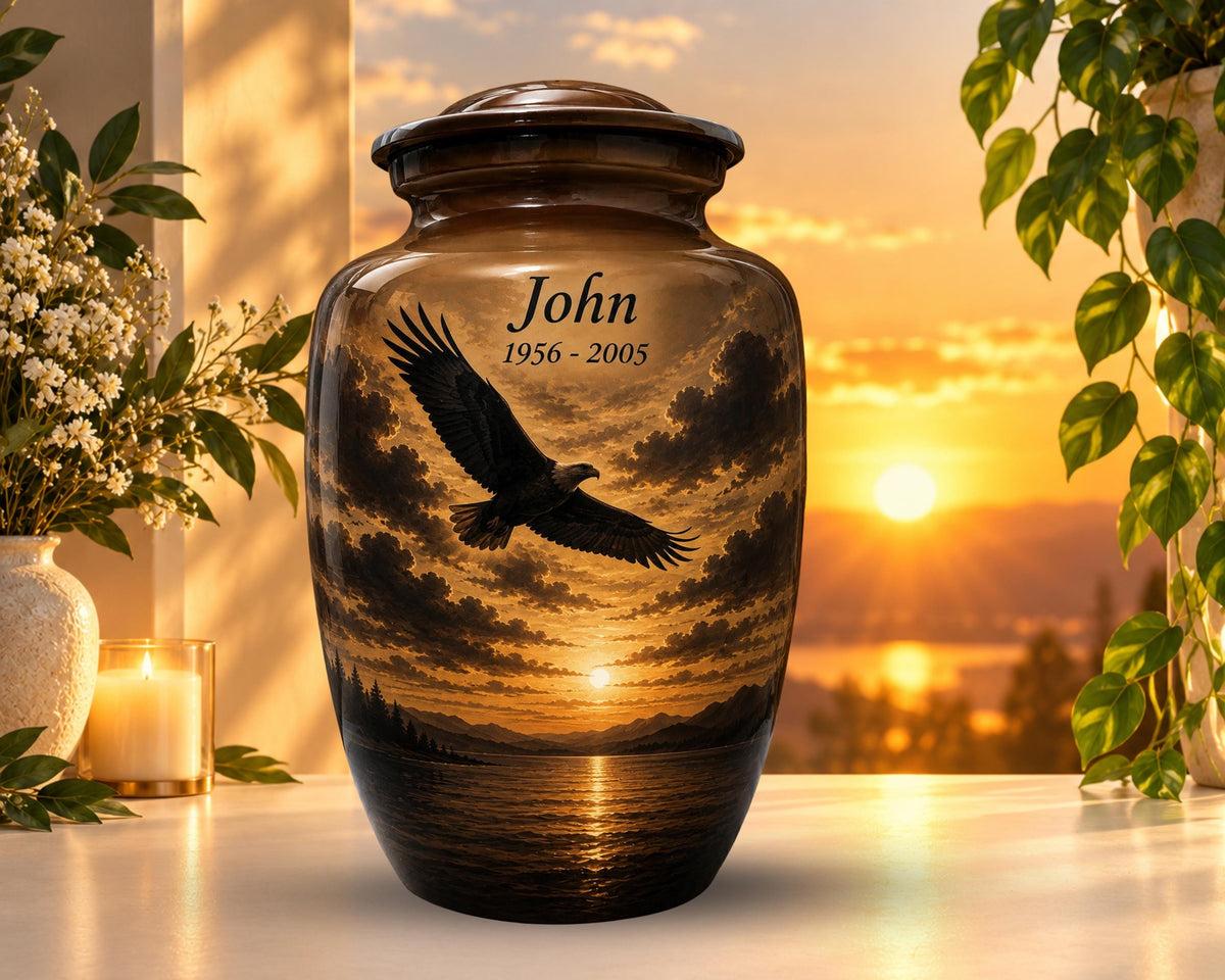 eagle sunset mountain cremation urn for human ashes, handmade aluminum memorial urn – photo 1