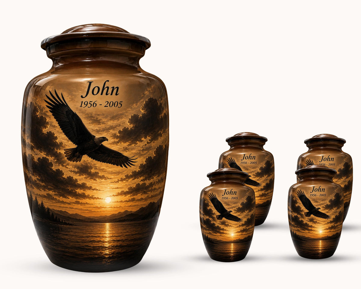 eagle sunset mountain cremation urn for human ashes, handmade aluminum memorial urn – photo 2