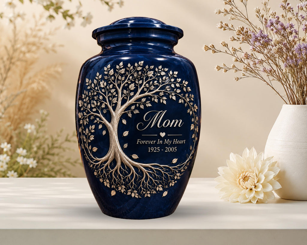 navy blue tree of life cremation urn for human ashes, handmade aluminum memorial urn – photo 4