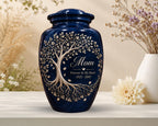navy blue tree of life cremation urn for human ashes, handmade aluminum memorial urn – photo 4