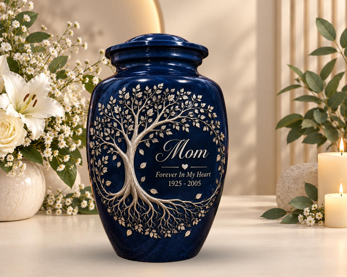 navy blue tree of life cremation urn for human ashes, handmade aluminum memorial urn – photo 3