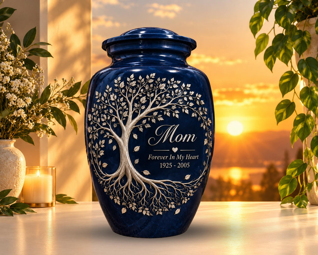 navy blue tree of life cremation urn for human ashes, handmade aluminum memorial urn – photo 2
