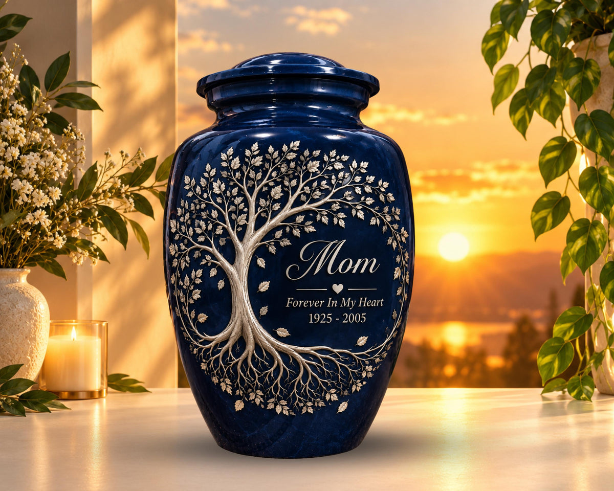 navy blue tree of life cremation urn for human ashes, handmade aluminum memorial urn – photo 2