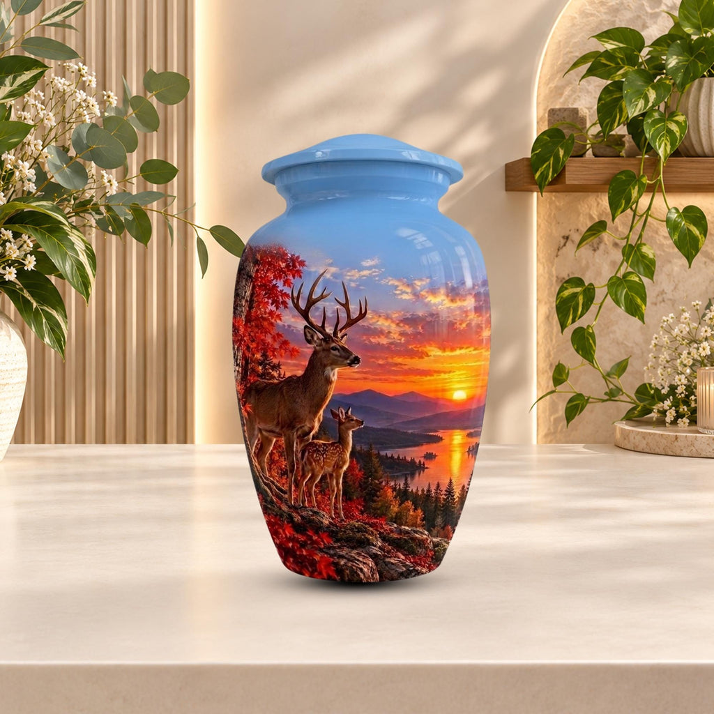 autumn woodland buck cremation urn for human ashes, handmade aluminum memorial urn – photo 3