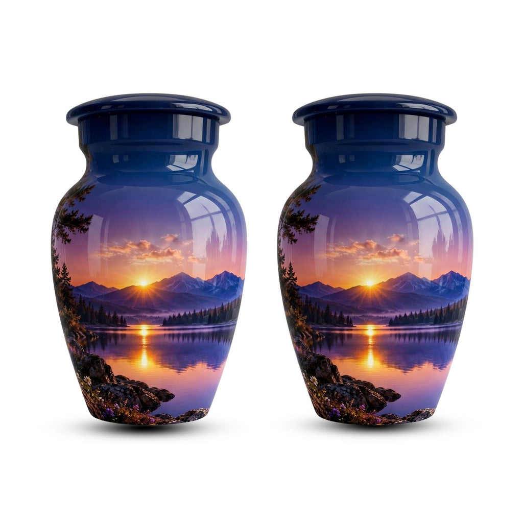 mountain sunset lake cremation urn for human ashes, handmade aluminum memorial urn – photo 6