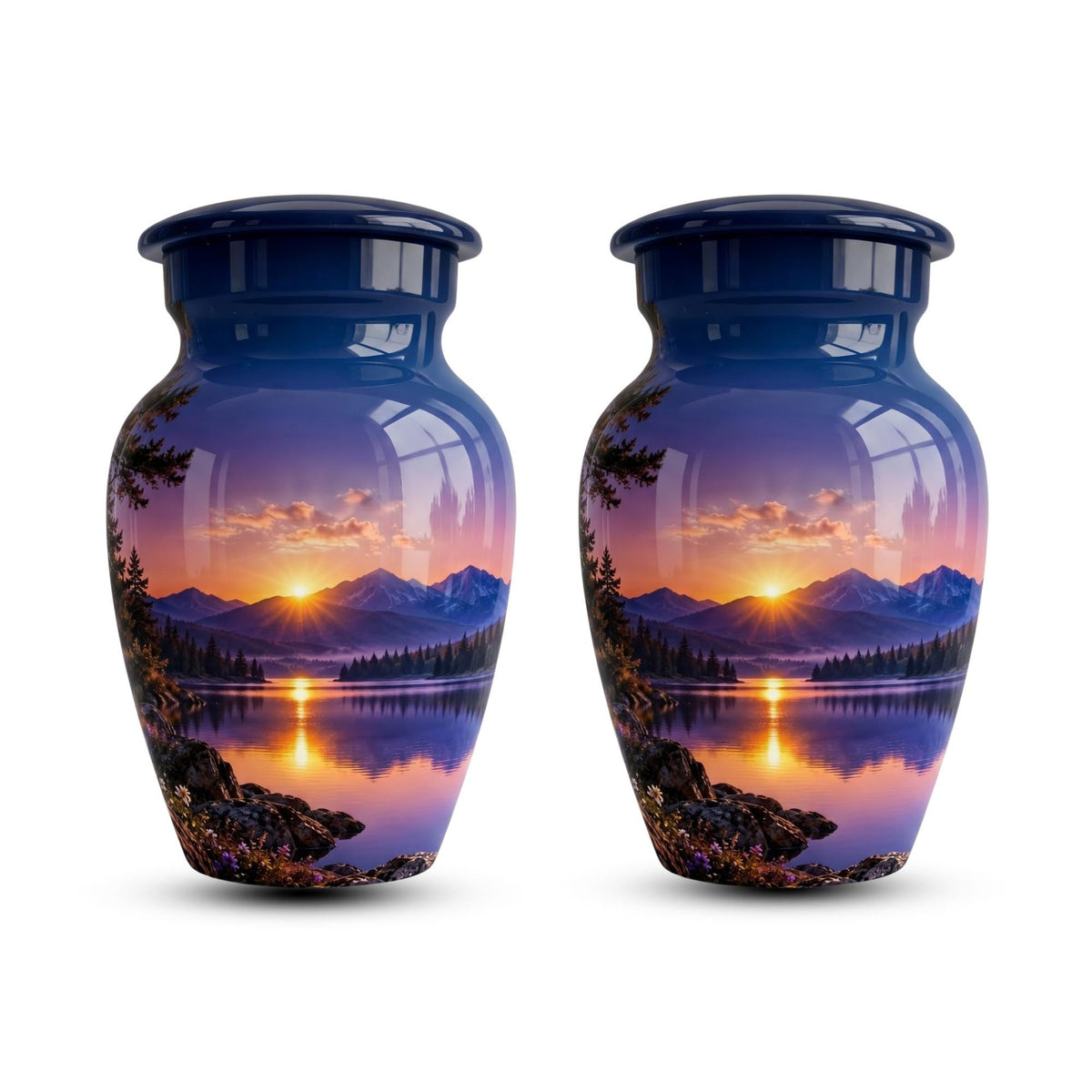 mountain sunset lake cremation urn for human ashes, handmade aluminum memorial urn – photo 6