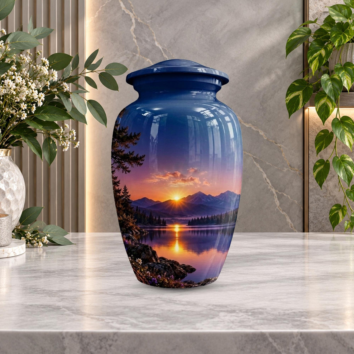 mountain sunset lake cremation urn for human ashes, handmade aluminum memorial urn – photo 4