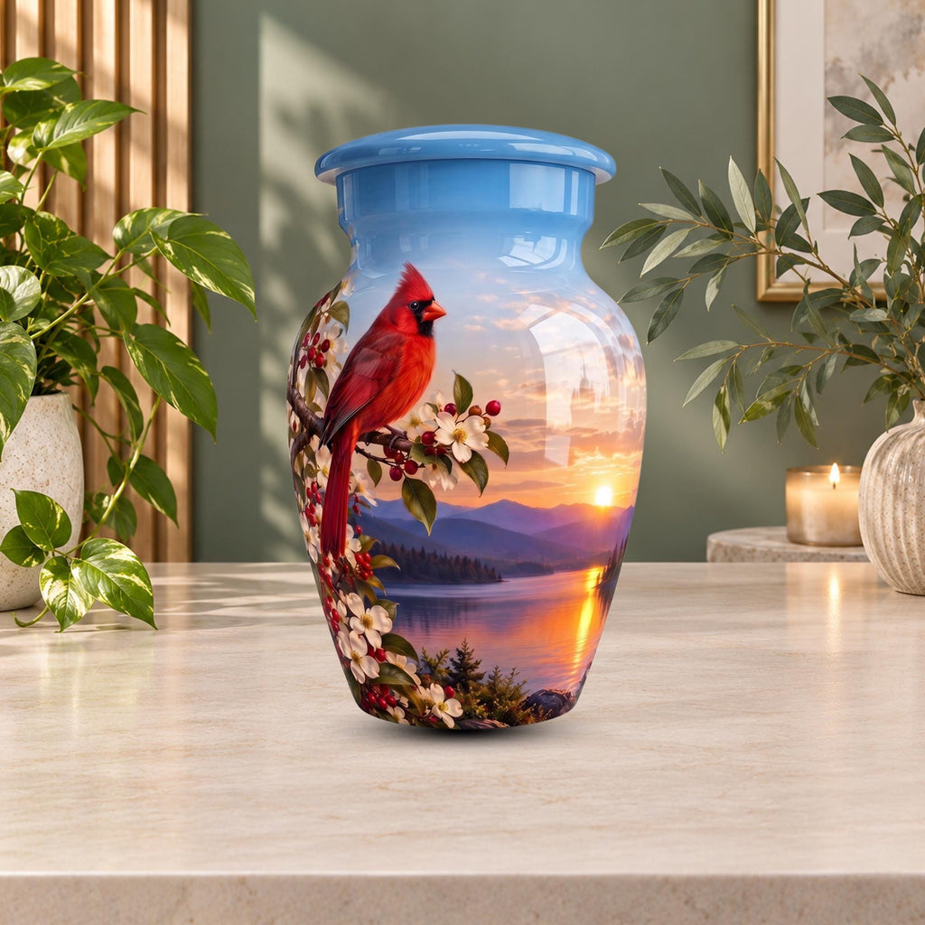 red cardinal dogwood cremation urn for human ashes, handmade aluminum memorial urn – photo 10