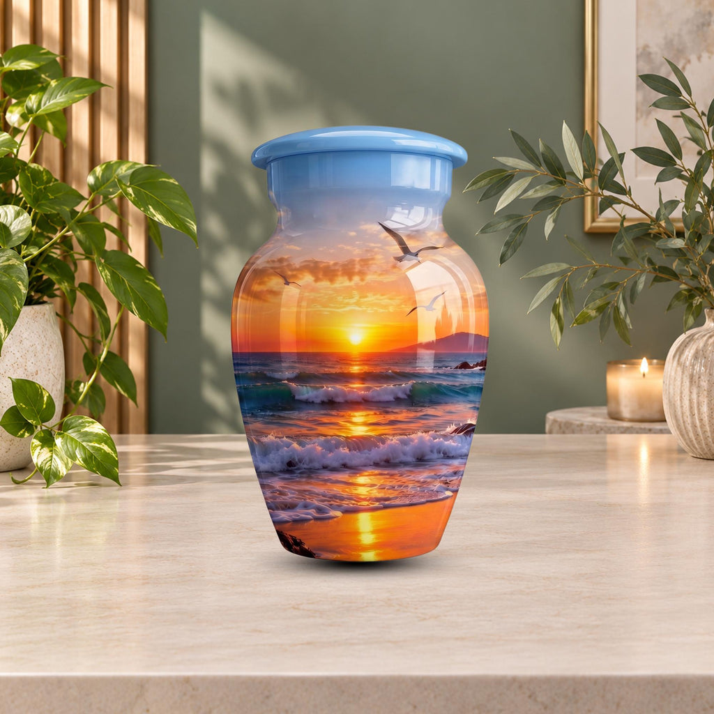 seagull beach sunset cremation urn for human ashes, handmade aluminum memorial urn – photo 10