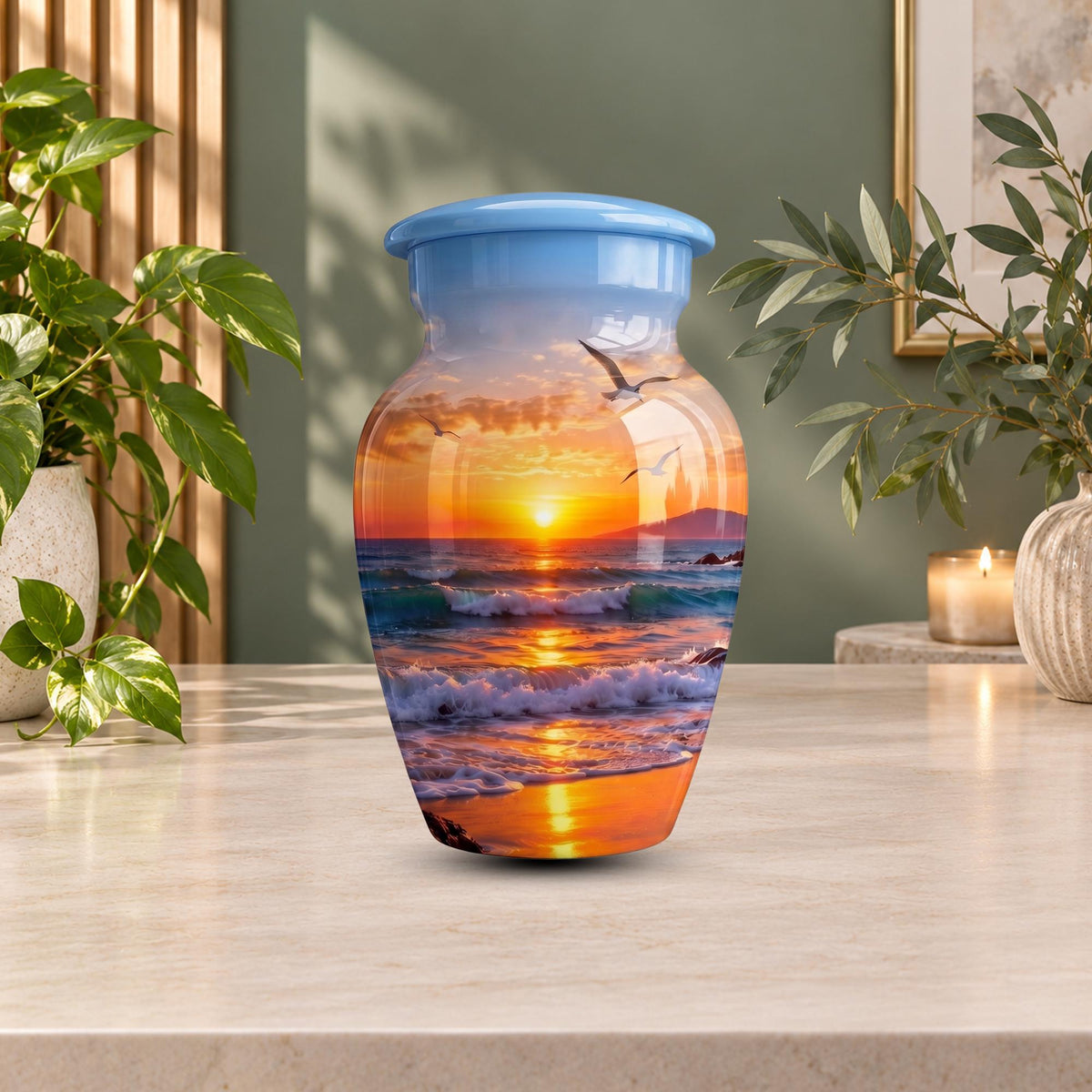 seagull beach sunset cremation urn for human ashes, handmade aluminum memorial urn – photo 10