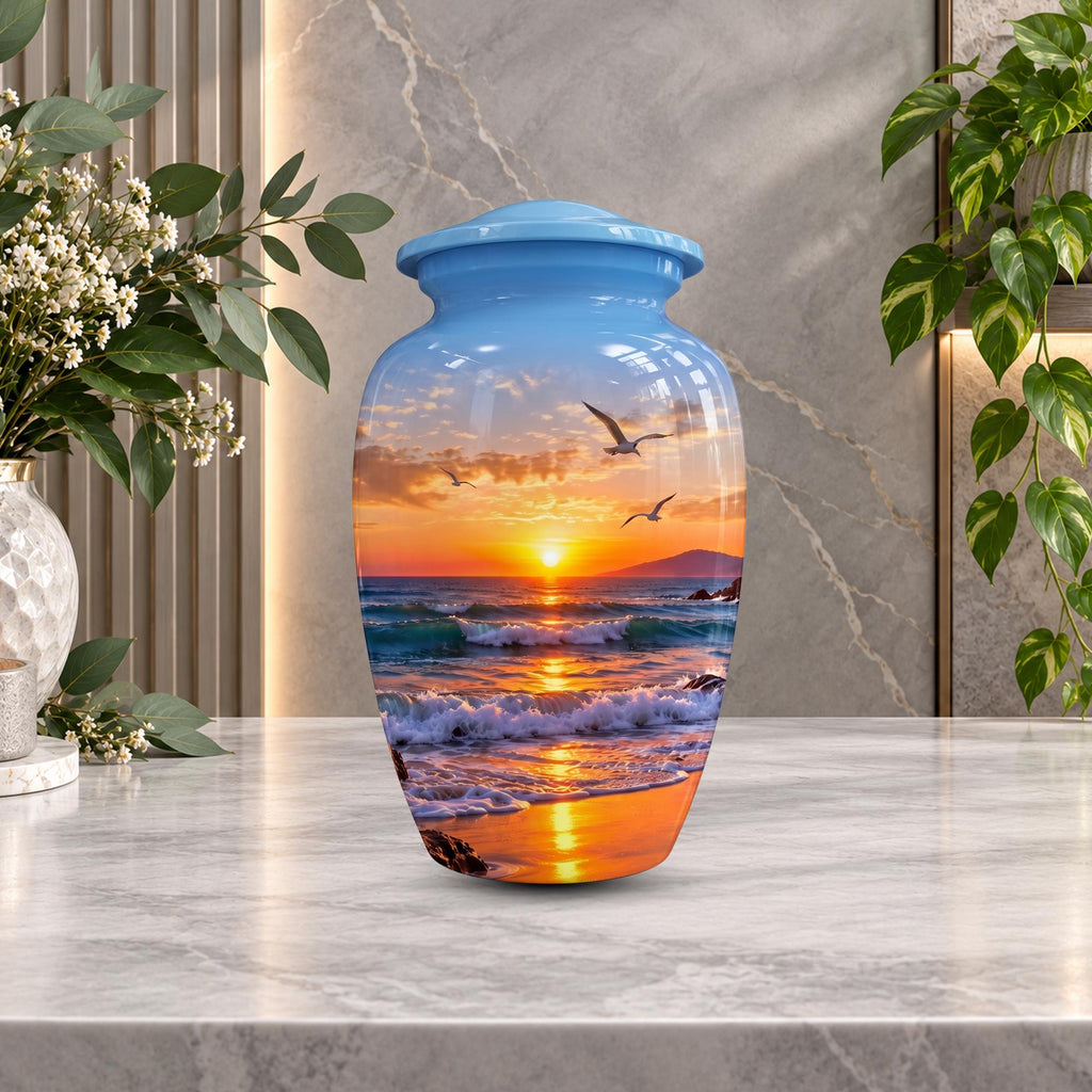 seagull beach sunset cremation urn for human ashes, handmade aluminum memorial urn – photo 4