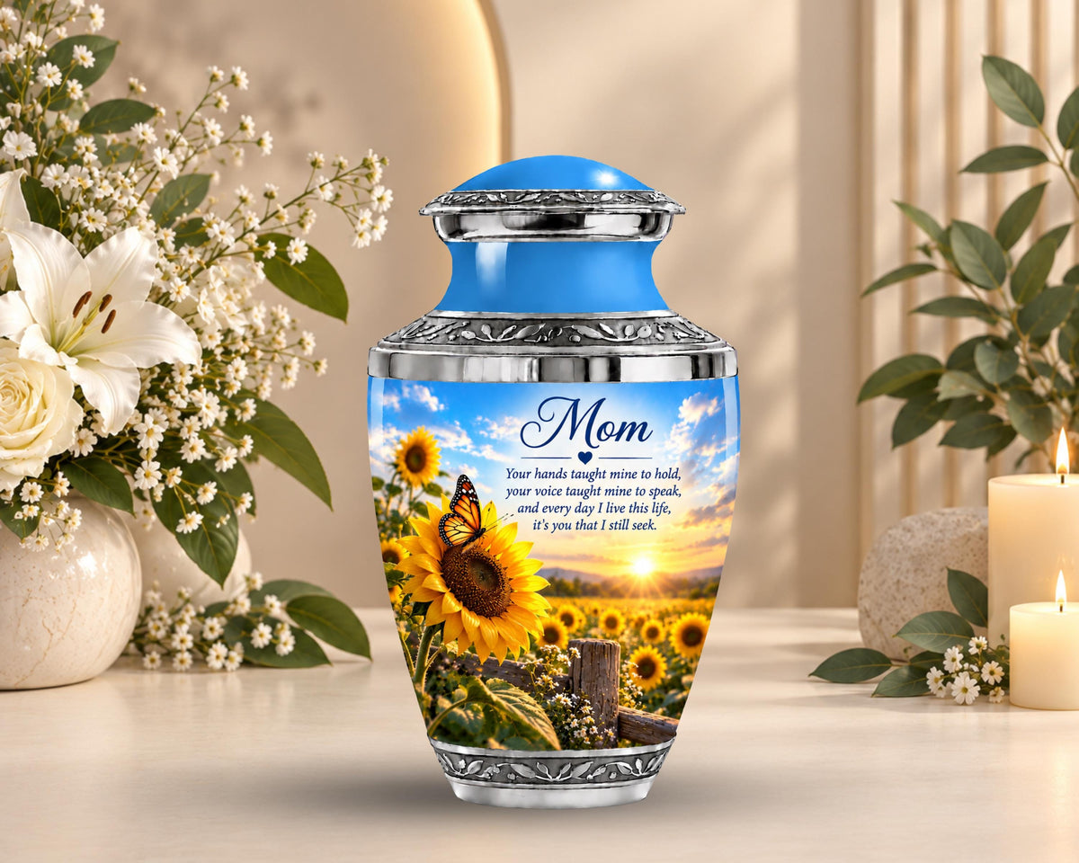 sunflower sunset cremation urn for human ashes, handmade aluminum memorial urn – photo 4